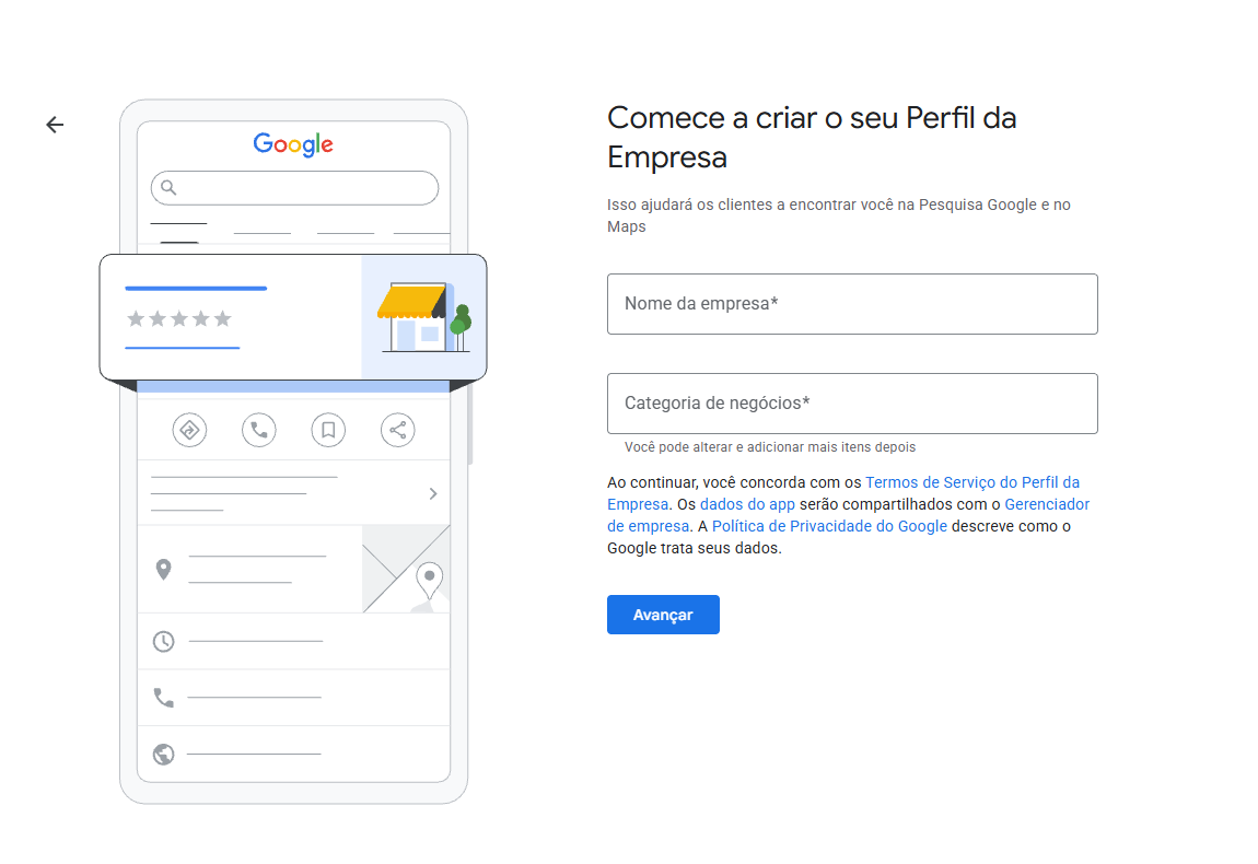 Tela de início do Perfil da Empresa no Google