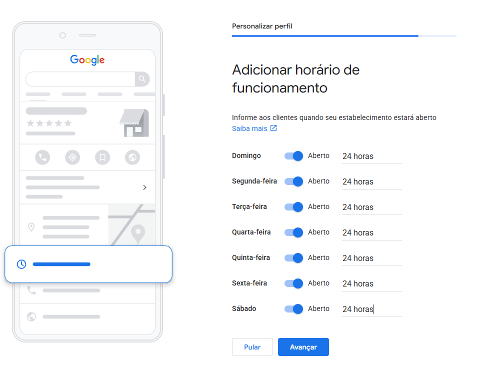 Tela para configurar horário de funcionamento